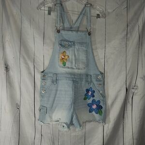 No Boundaries Hippie Denim Overalls Shorts With Embroidered Flowers Size L